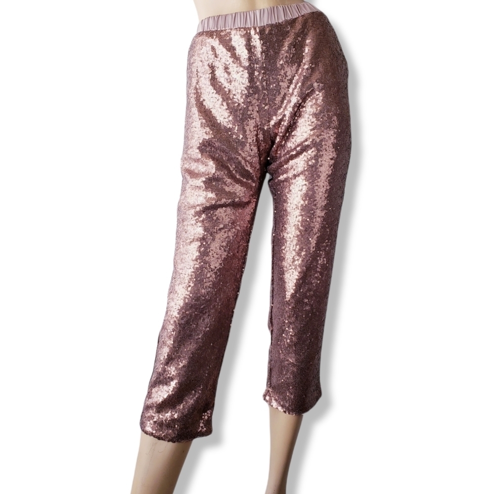 Sugarlips Bronze Sequin Cropped Pants With Satin Waistband Size Large